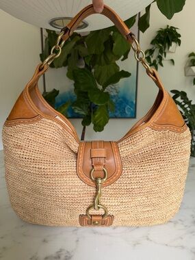 Coach Y2K Vintage Bleecker Millie XL Straw Tote Shoulder Bag F13374 Leather Tan